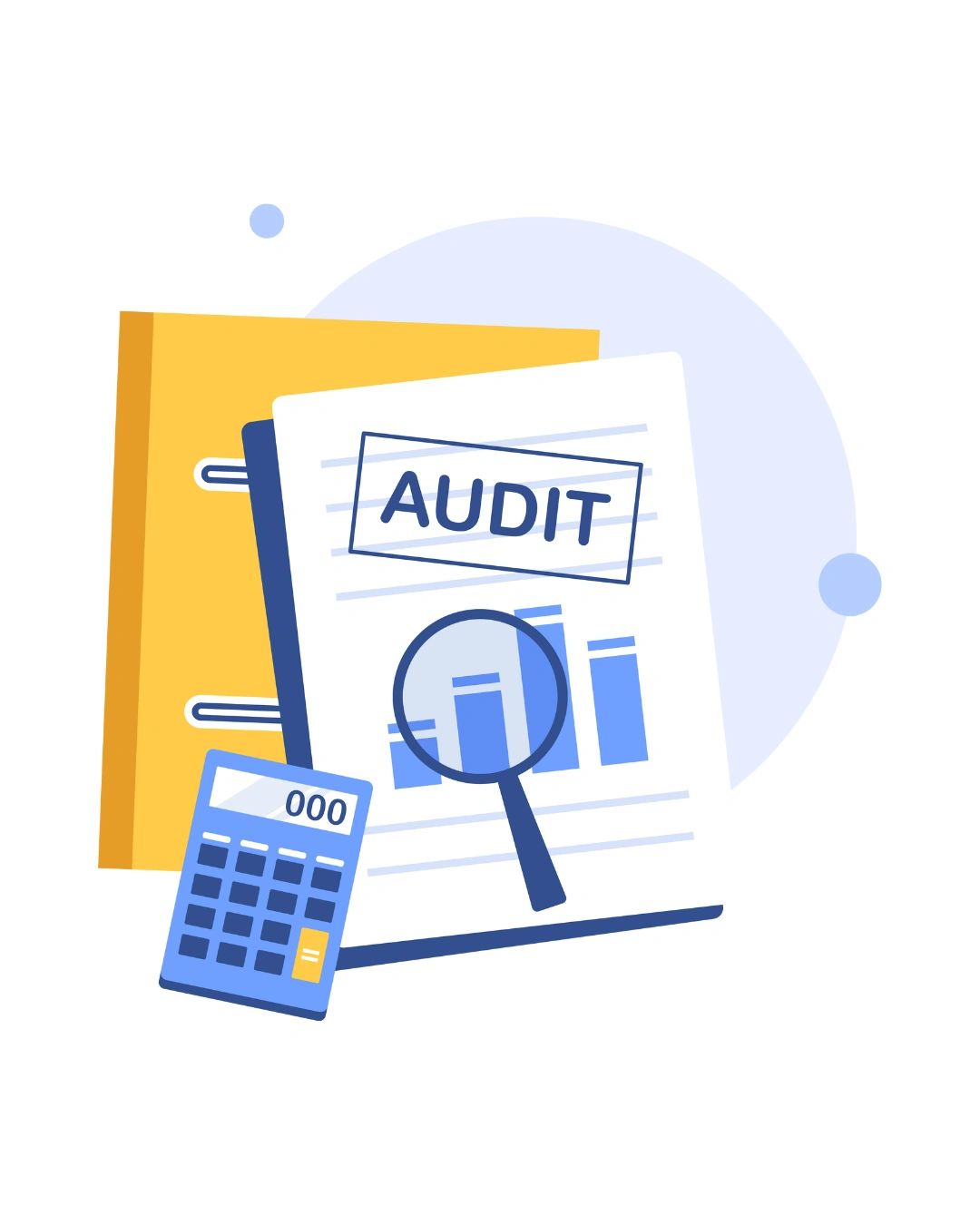 Illustration of audit documents, calculator, and magnifying glass.