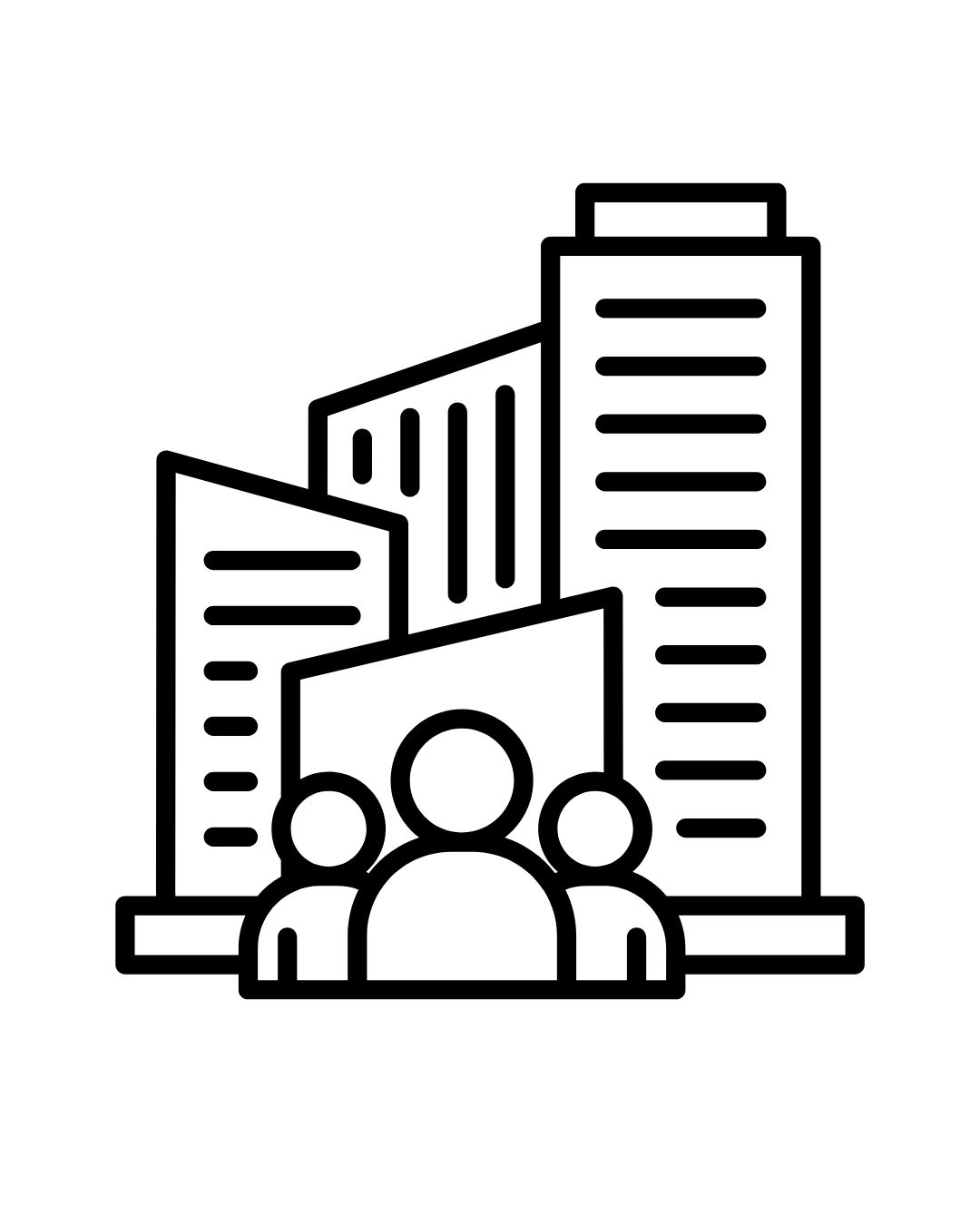 Icon of people in front of buildings representing community or business.