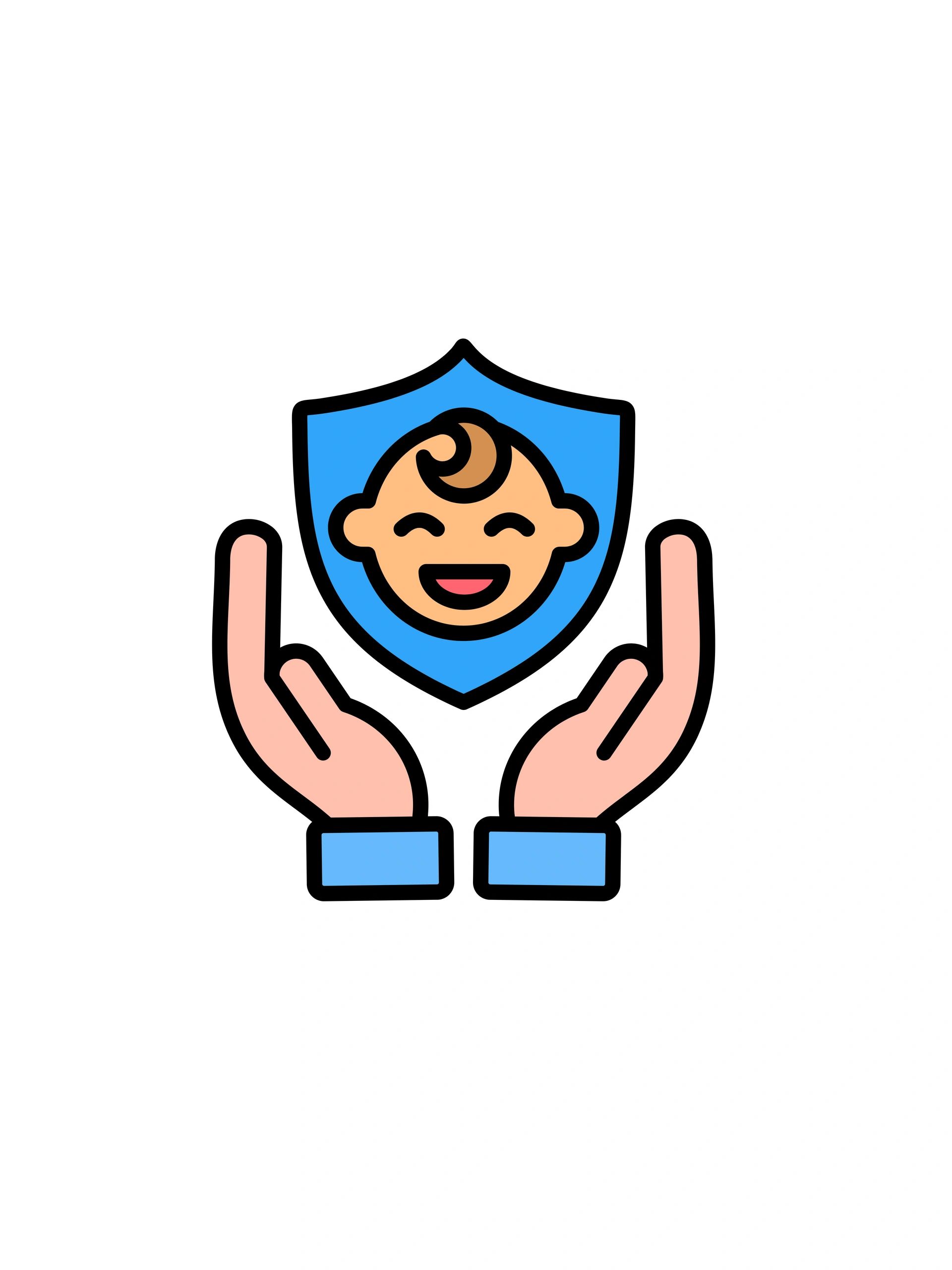 Hands protecting a happy baby face inside a shield.