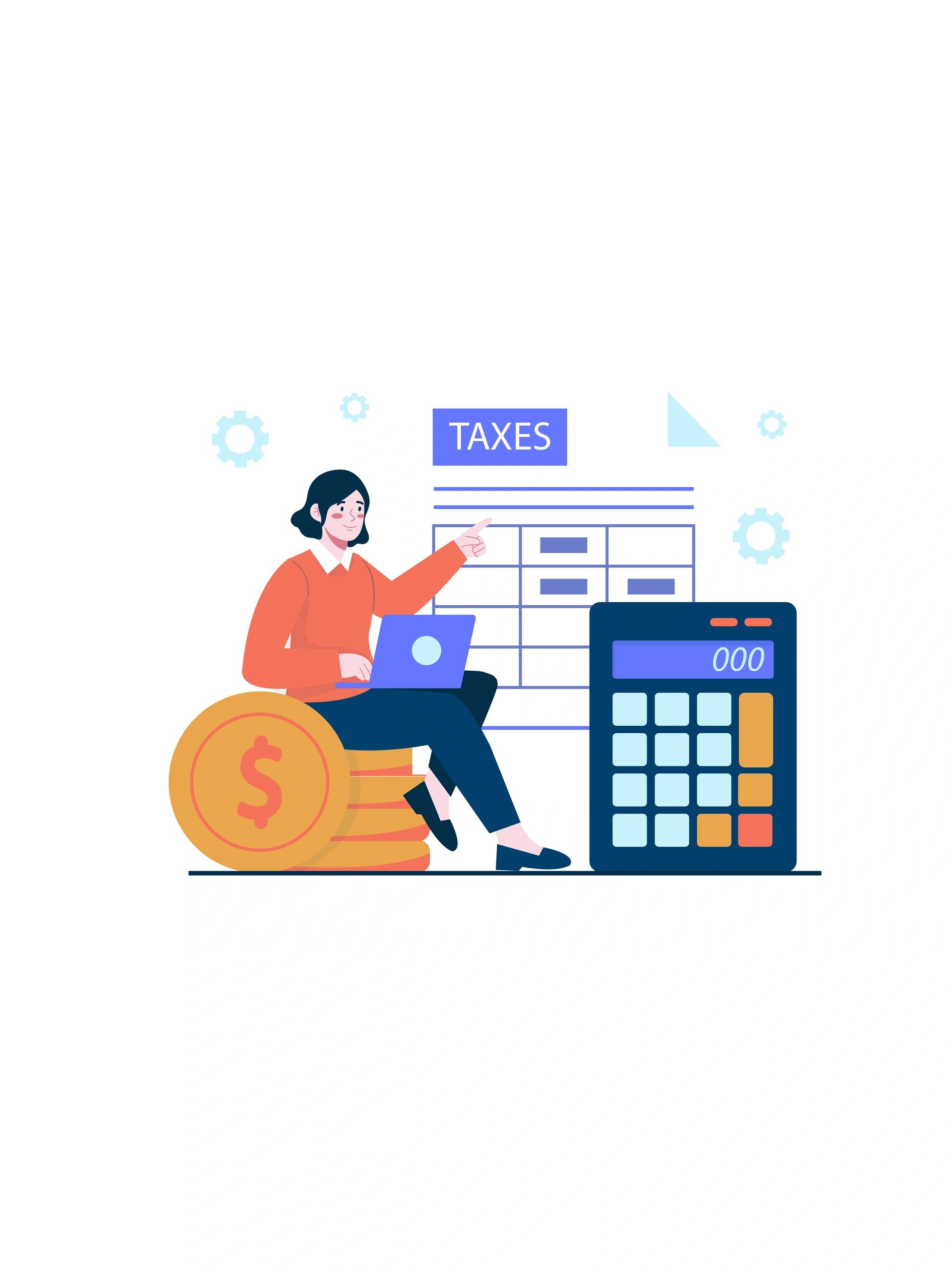 Woman calculating taxes with laptop, calculator, and coins.