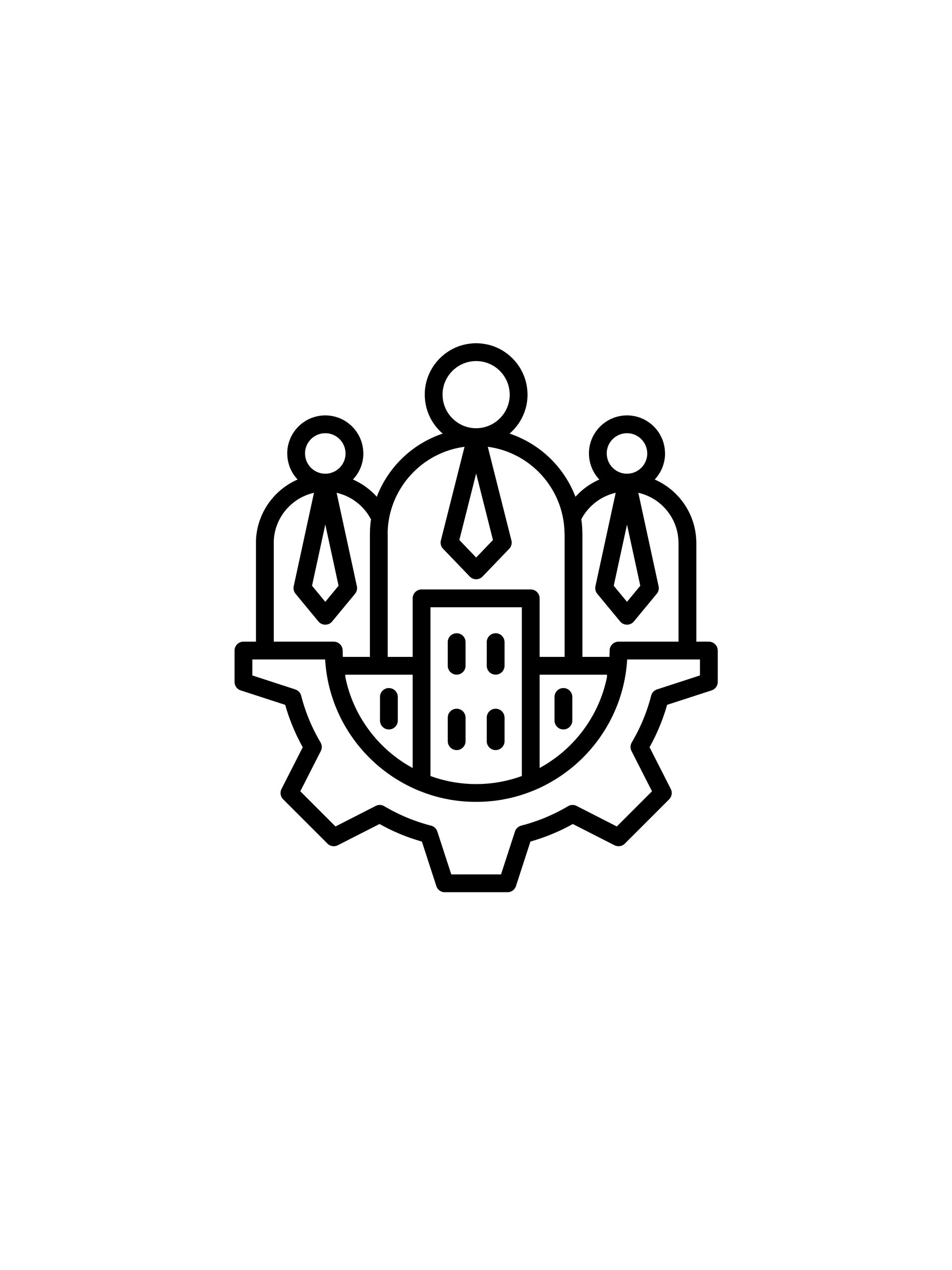 Icon of three business people with ties inside a gear symbol.