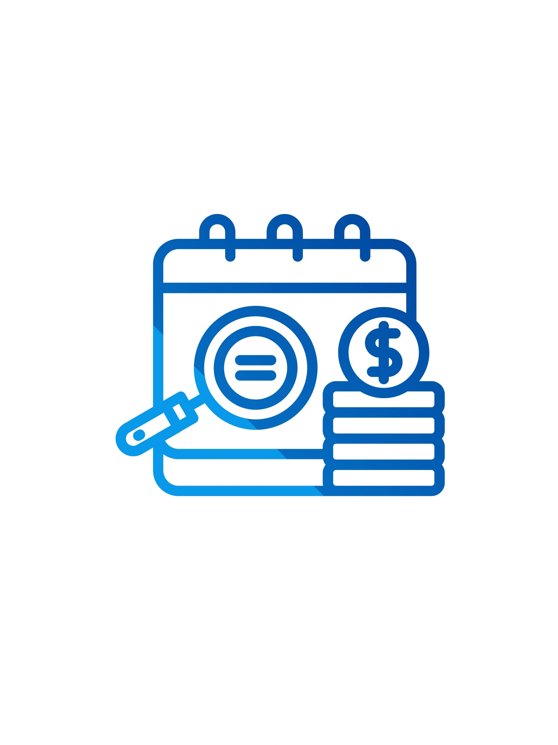 Calendar with magnifying glass and dollar coins icon in blue.