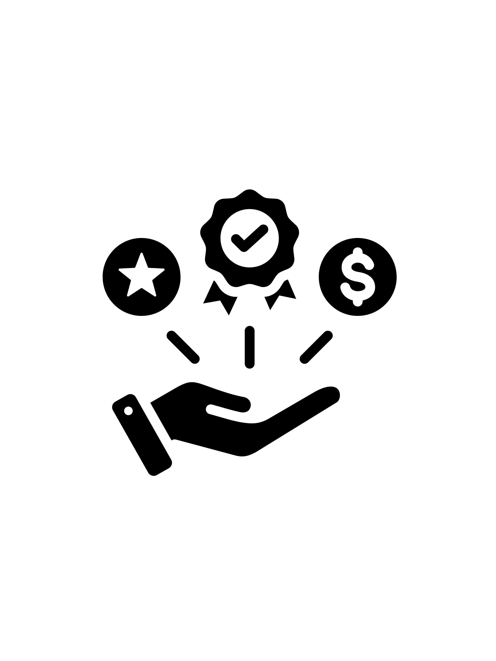 Hand holding icons representing quality, rating, and money.