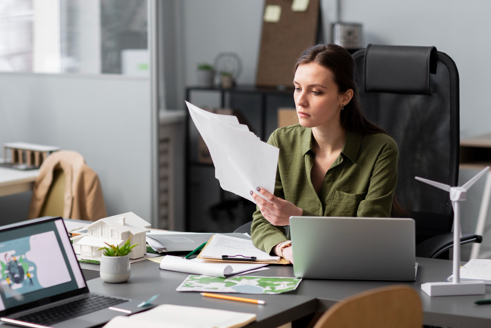 A man and woman discussing documents at a desk in a modern office.